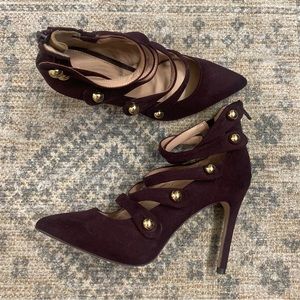 BCBG Generation Purple Suede High Heels Gold Size 6 Pointed Toe